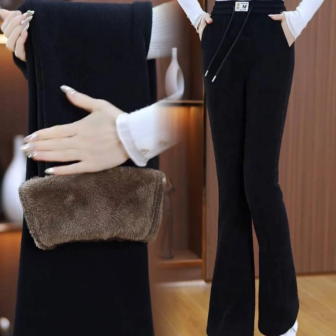 【高品质】加绒加厚喇叭裤女新款大码宽松松紧直筒微喇裤显瘦保暖裤