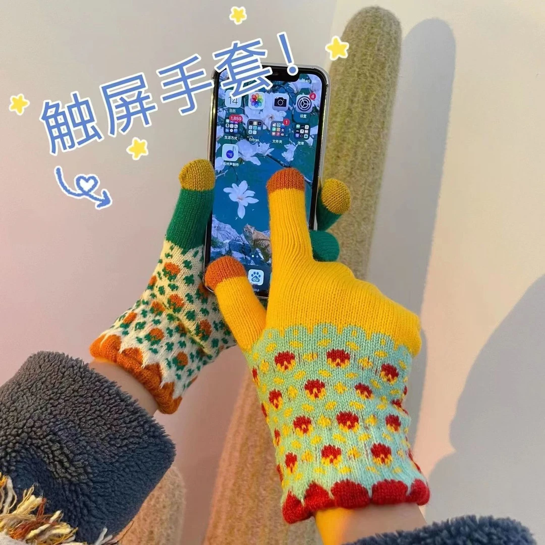冬季触屏保暖手套可爱针织毛线拼色防寒加绒加厚学生骑行情侣手套