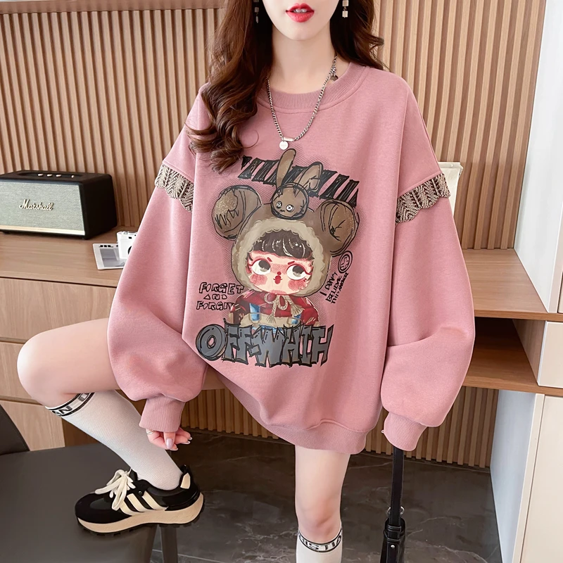 春秋季2024爆款小众圆领卫衣女韩版宽松胖mm时尚减龄百搭薄款上衣