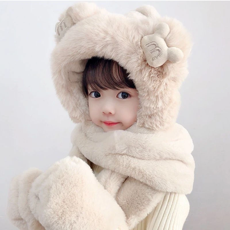 宝宝帽子冬季围巾手套一体帽男女童可爱萌加绒护耳帽儿童套头帽潮