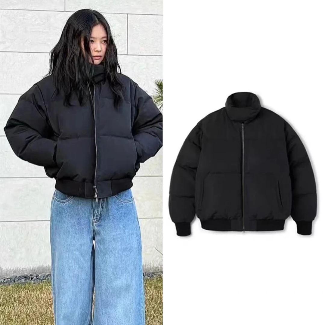jennie金智妮穿搭黑色短款棉衣外套女冬2024新款宽松立领面包棉服
