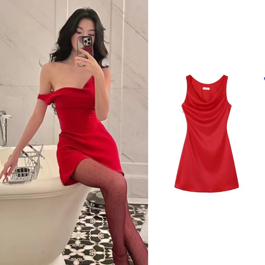 易梦玲私服红色一字肩性感收腰赫本风连衣裙女年会晚会订婚小礼服