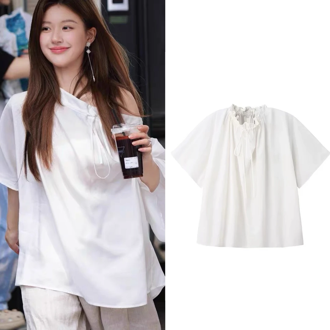 赵露思穿搭白色斜肩上衣女2024早秋新款法式抽褶系带宽松短袖衬衫