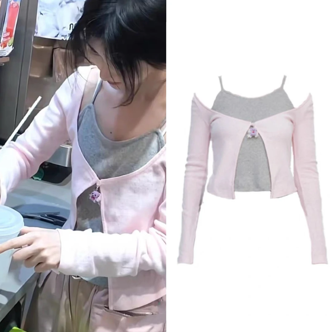 鞠婧祎穿搭春夏新款甜美镂空小熊吊带开衫假两件可爱小针织上衣女