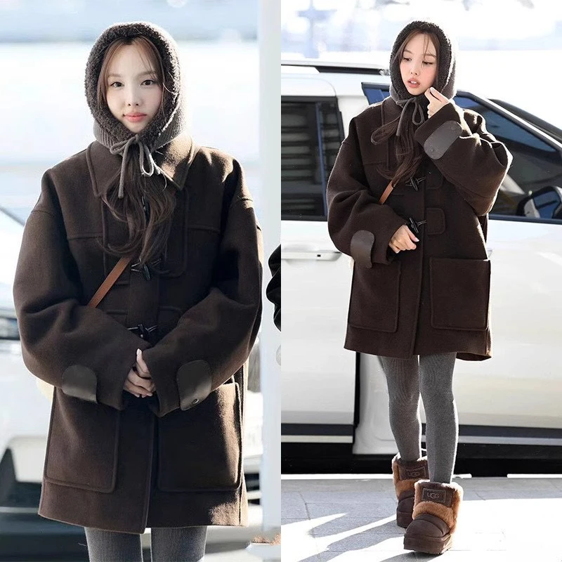 林娜琏穿搭咖色牛角扣呢大衣女2024秋冬新款学院风少女毛呢外套