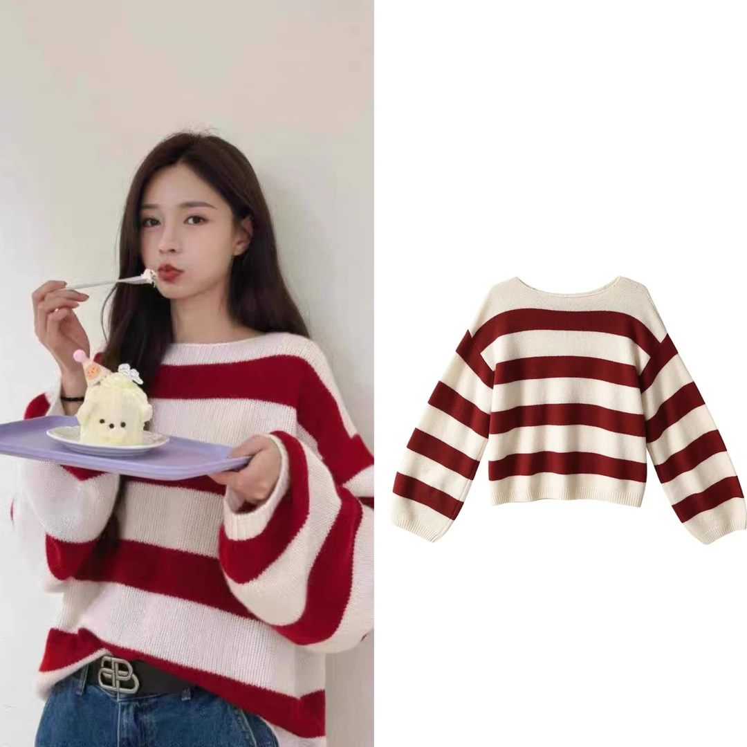 沈梦辰穿搭红白色条纹套头针织毛衣女秋宽松圆领慵懒风灯笼袖上衣