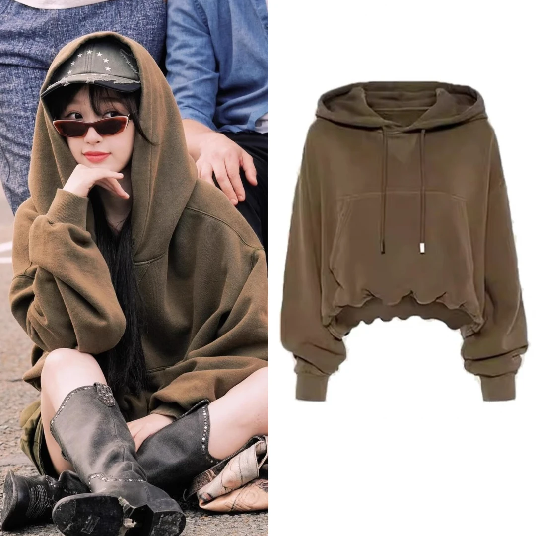 虞书欣私服穿搭咖色简约落肩连帽卫衣宽松百搭慵懒风外套2024秋季