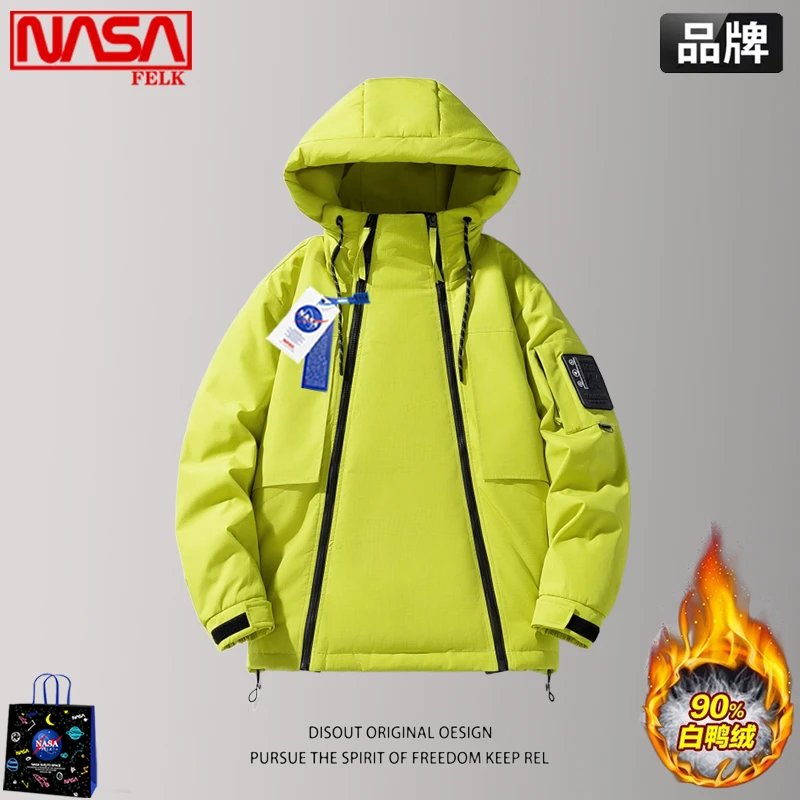 NASA冬天男士羽绒服男款潮牌冬季设计感双拉链连帽保暖白鸭绒外套