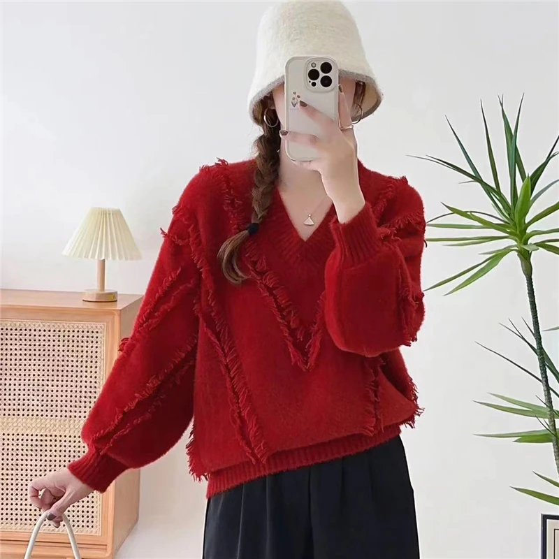 V领纯色流苏套头针织衫女2023秋冬新款加厚红色毛衣宽松百搭洋气