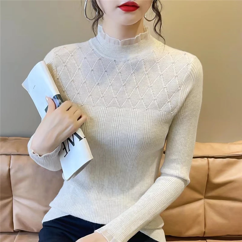 秋冬蕾丝欧根纱半高领针织衫打底衫修身内搭薄款毛衣镂空洋气时尚