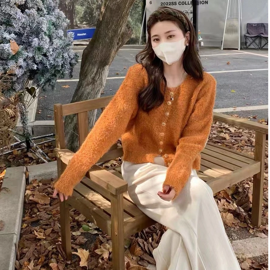 韩系圈圈绒圆领长袖针织开衫秋冬美拉德宽松慵懒风软糯毛衣外套女