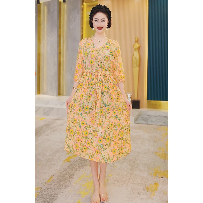 【欧曼】夏季遮肚子显瘦女中长裙气质减龄显白妈妈连衣裙2503