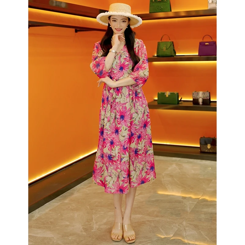 石油姐姐同款高端上档次印花连衣裙女真丝显瘦气质收腰裙子2413