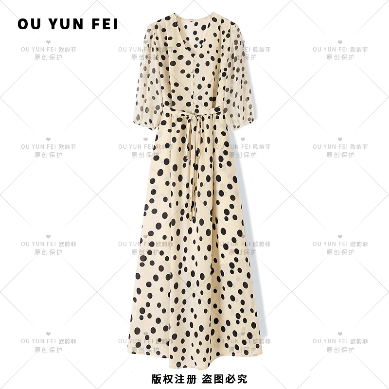 【三千金】muji风大摆裙轻奢女装夏季波点修身连衣裙F1205