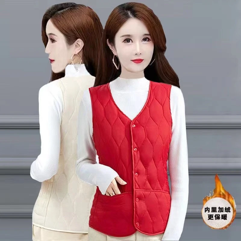 加绒加厚马甲女2023秋冬新款棉马夹保暖修身内胆无袖大码背心坎肩