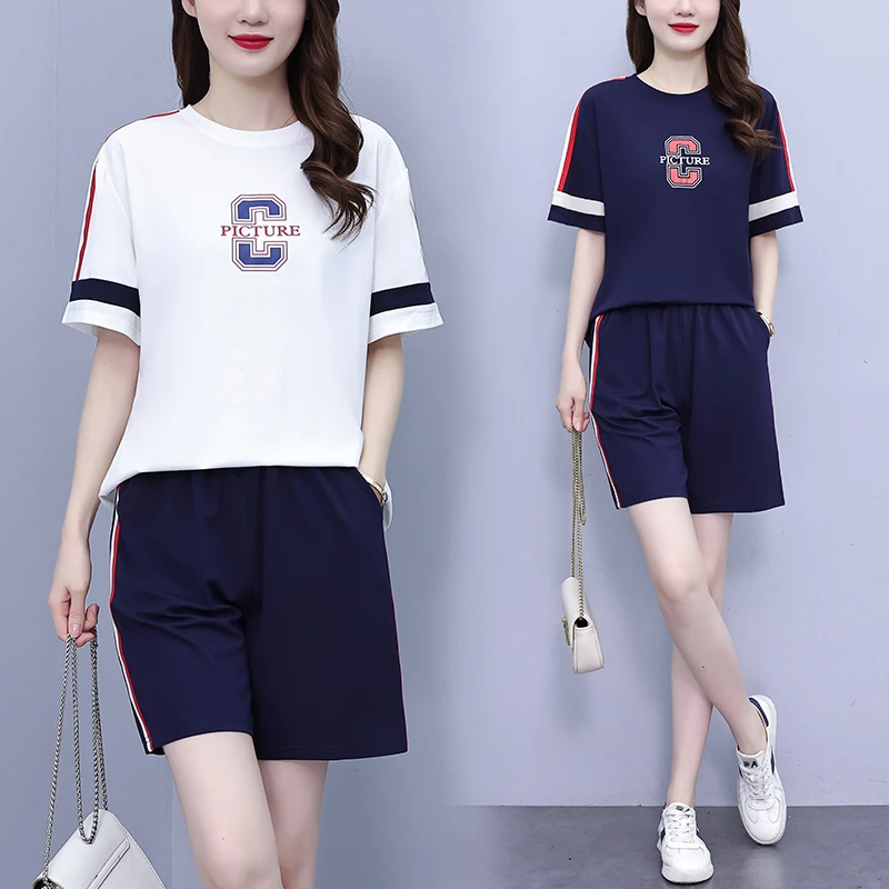 2025夏季新款套装女休闲时尚印花大码卫衣拼接两件套9233