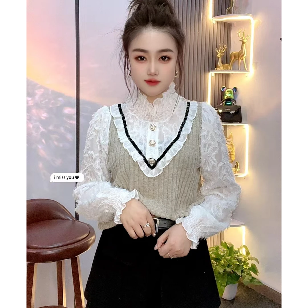 欧货新款1217雪花绒拼接假两件木耳花边领打底优雅气质百搭显瘦