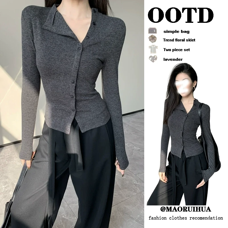 灰色高级感翻领长袖恤打底衫女2024新款秋冬修身独特超好看上衣