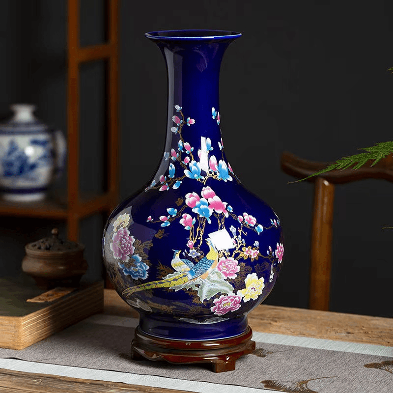 景德镇手工芥蓝陶瓷装饰摆件花瓶【配底座高39cm景泰蓝花鸟赏瓶】