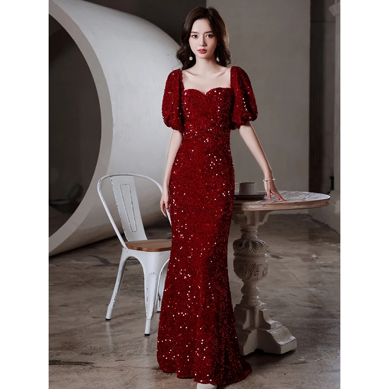 晚礼服女高级感2023新款夏季酒红色鱼尾亮片宴会气质连衣裙敬酒服