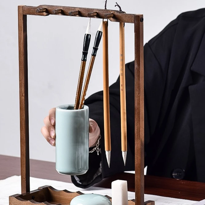 创意毛笔挂笔架文房四宝复古实木楠竹毛笔架学生用桌面收纳毛笔搁