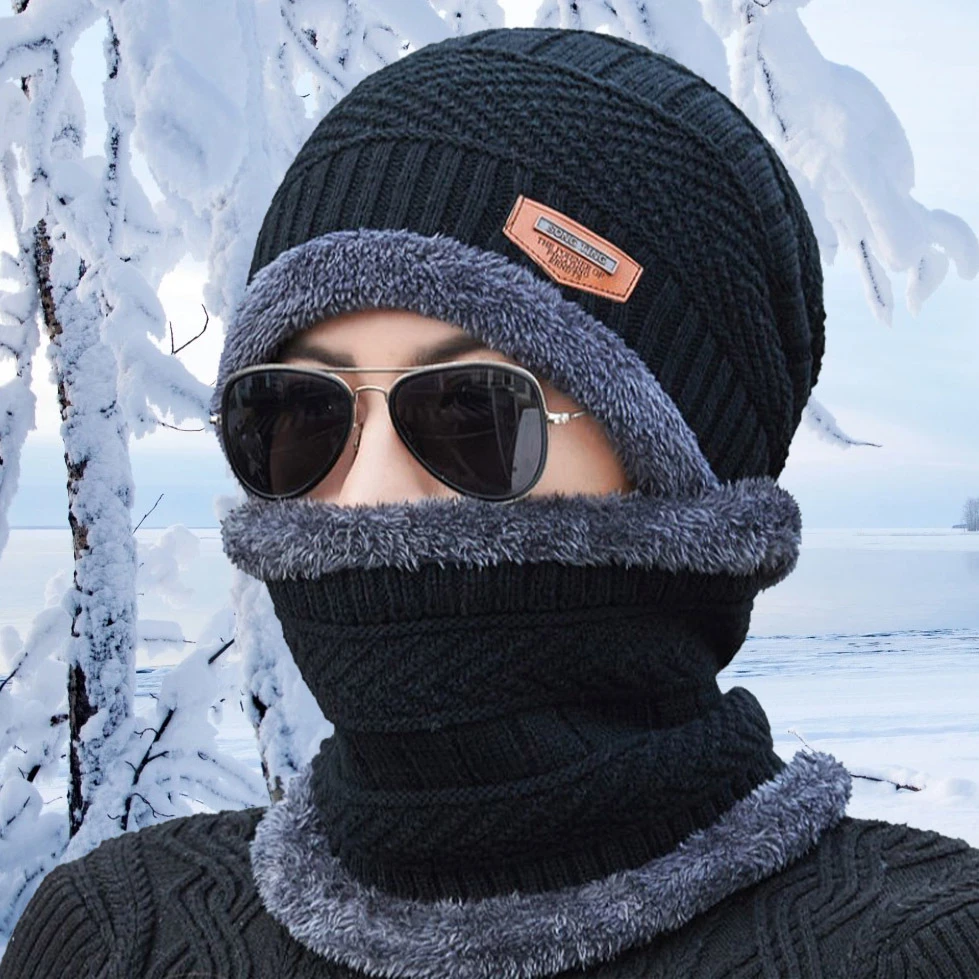 冬季针织帽男士加绒加厚保暖围脖一体帽子骑行防寒两件套毛线帽女