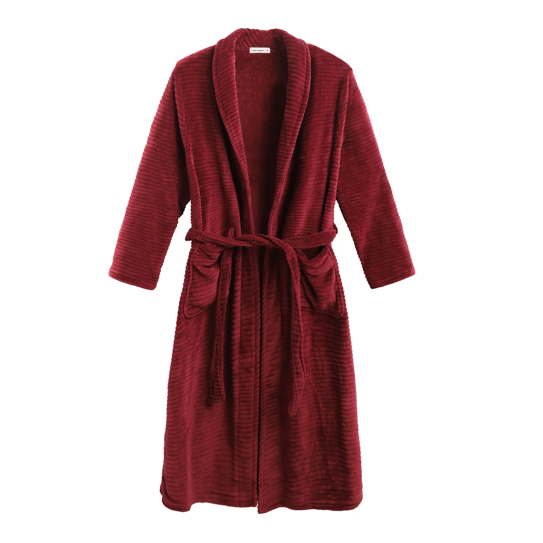 【酒红提花】情侣睡袍秋冬保暖双面法兰绒柔软舒适中长款浴袍