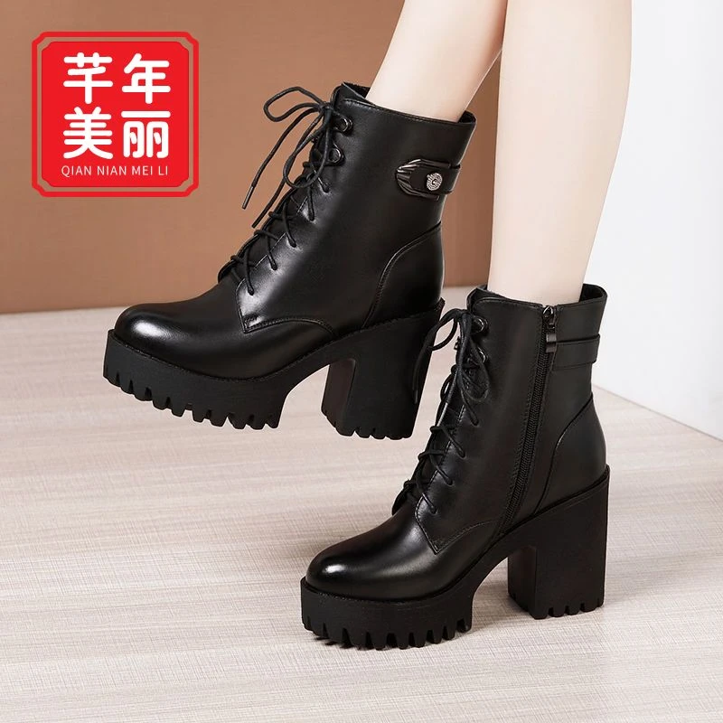 【粗跟马丁靴女】2024新款防水台大码圆头高跟粗跟系带加绒马丁靴
