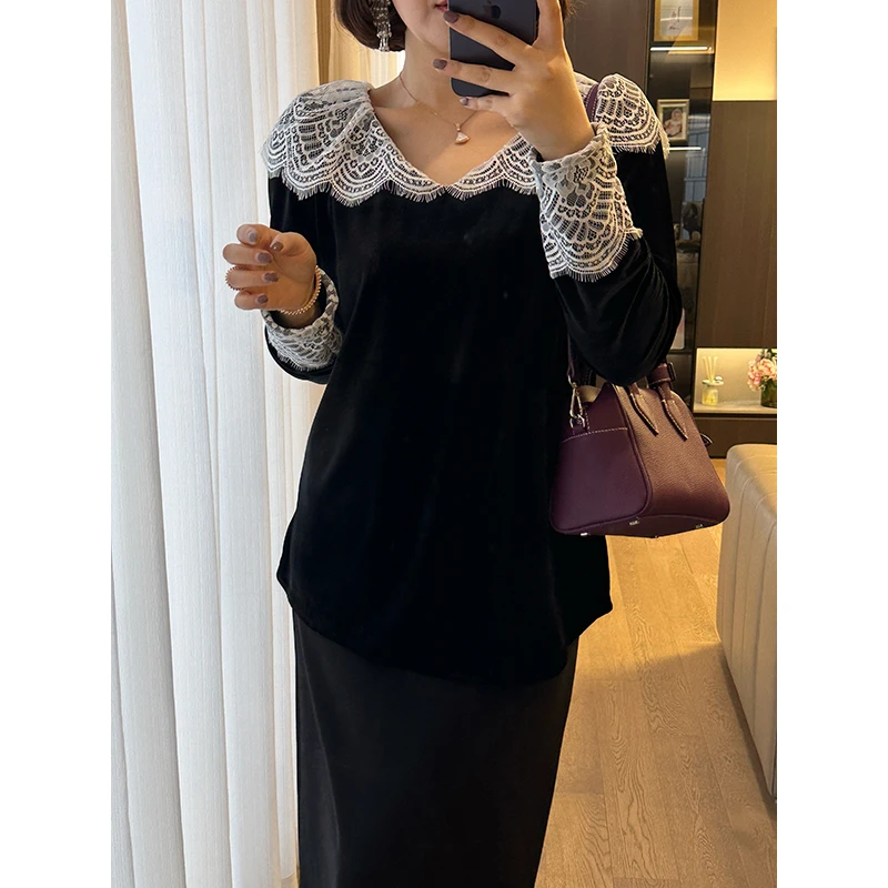 【DIS 现货】【浮花丝绒】气质蕾丝拼接V领长袖丝绒衬衫Z524Y16387