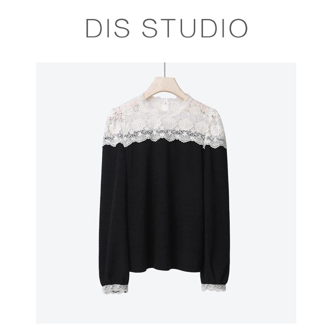 【年终大清仓】【黑山茶花】气质显瘦圆领蕾丝拼接针织衫Z523E07874