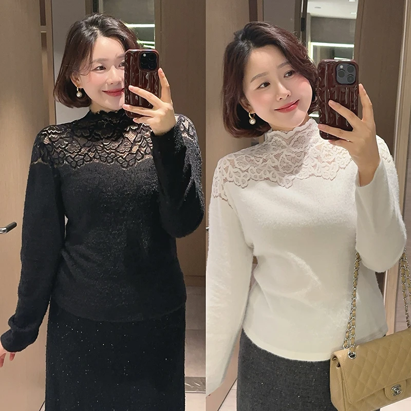 【DIS 清仓】【云柔漫花】冬季半高领蕾丝拼接打底针织衫Z524Y18384