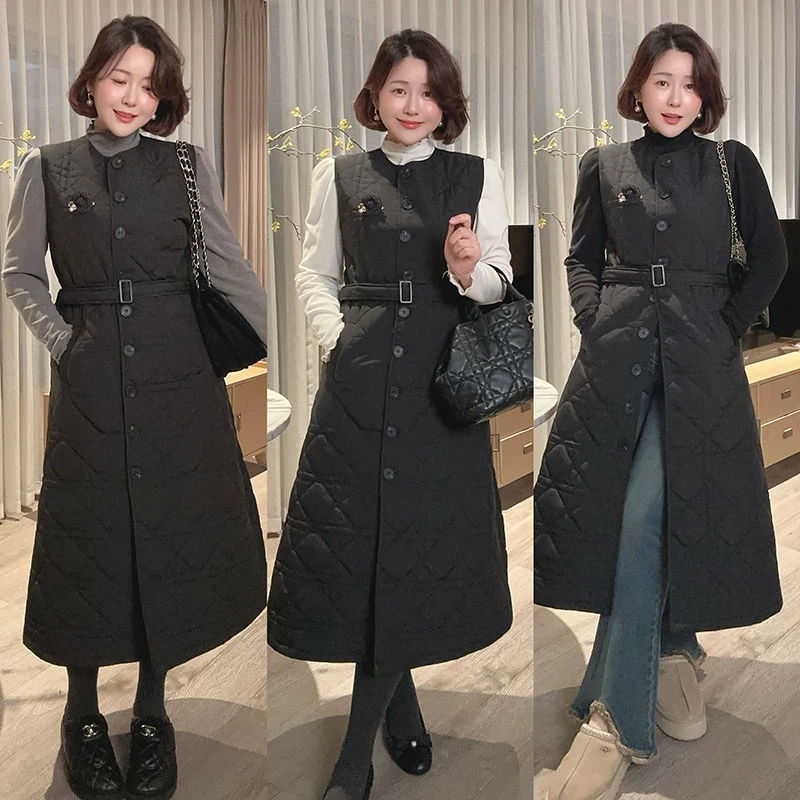 【DIS 清仓】【浮墨轻语】冬季圆领收腰菱格马甲连衣裙Z524Z21036