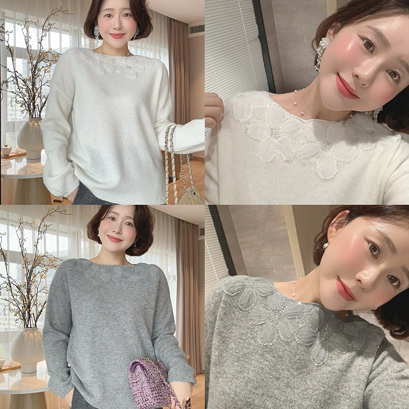 【DIS 清仓】【白露花影】冬季亮片花朵圆领羊毛针织衫Z524X20278