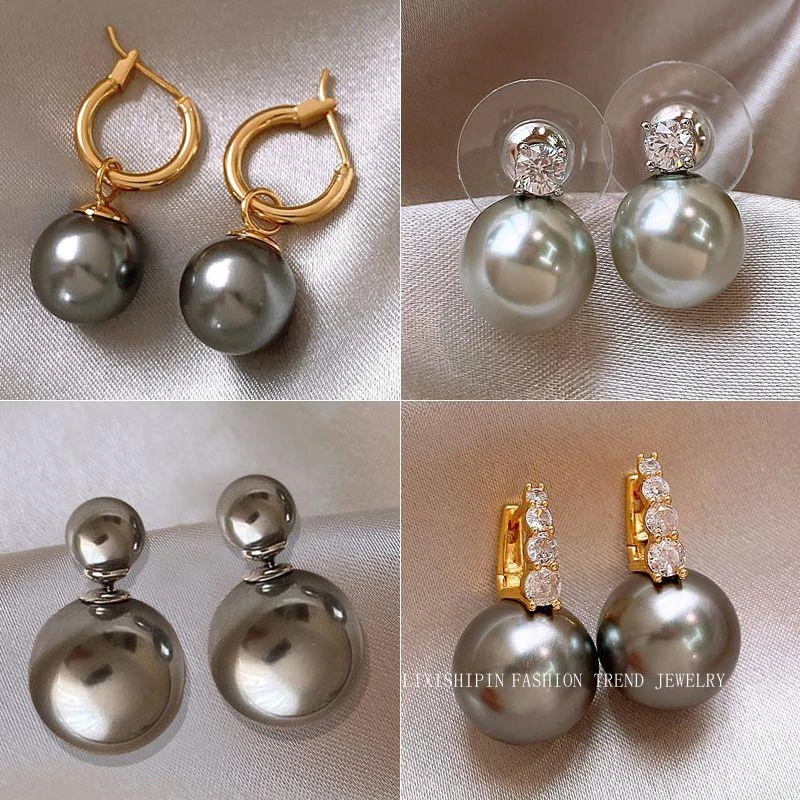 铜合金仿珍珠耳饰 灰色珠珠耳钉女2023年新款爆款气质小众耳环简