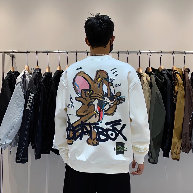 春秋新韩版男士圆领长袖卫衣上衣百搭潮流美式高街重磅印花套头衫