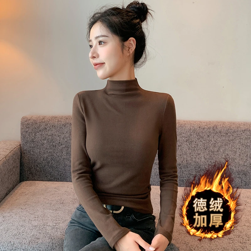 黑色德绒半高领打底衫女内搭秋冬加绒加厚保暖修身百搭长袖女t恤
