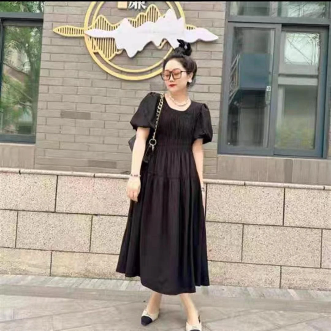 【希希心选】2023夏季收腰显瘦褶皱泡泡袖过膝长裙气质法式