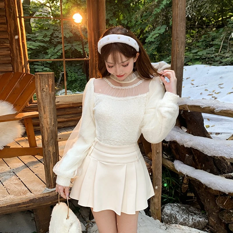 冰冰来了丨【叠穿场担】高级感仿貂绒打底衫简约网纱拼接上衣 25537