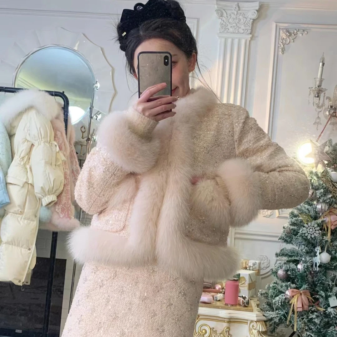 【福利】24488【金秘书穿搭名媛狐狸毛羽绒小香外套半裙套装