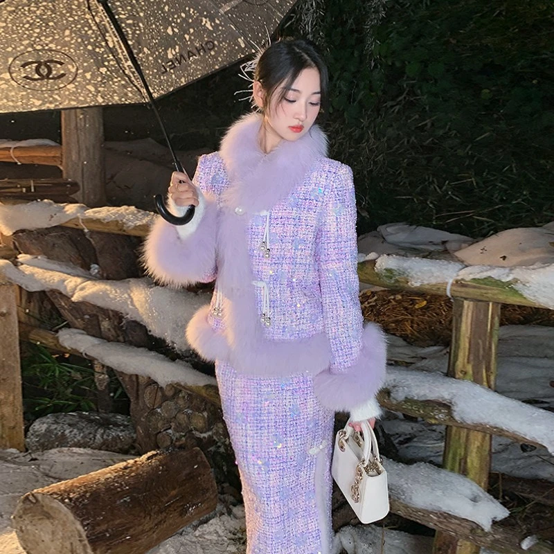 冰冰来了【雾紫晚霞】国风盘扣狐狸毛羽绒外套25554