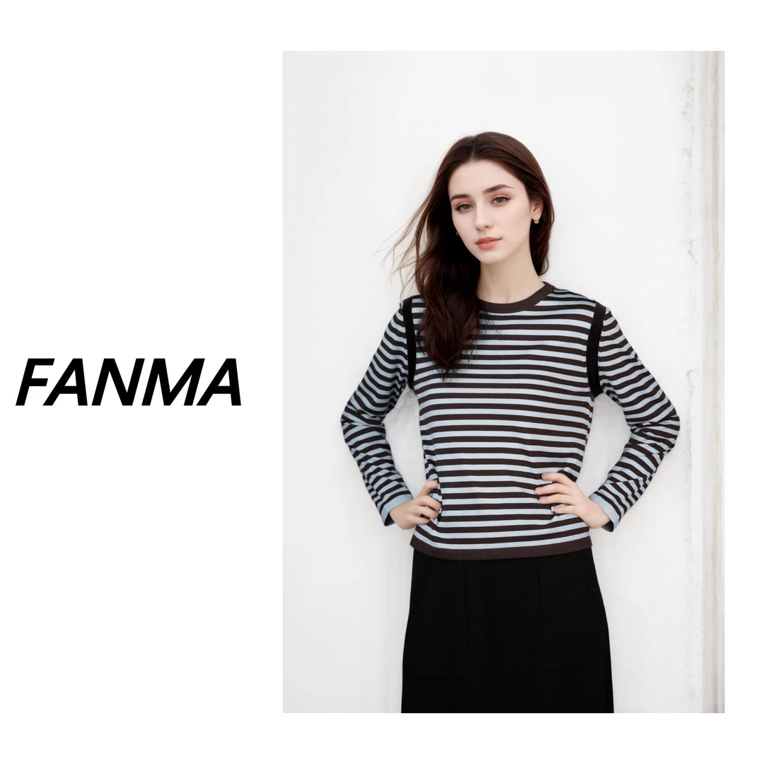 #条纹羊毛衫# 气质女士圆领羊毛衫 纯羊毛打底衫 F200-TN5801