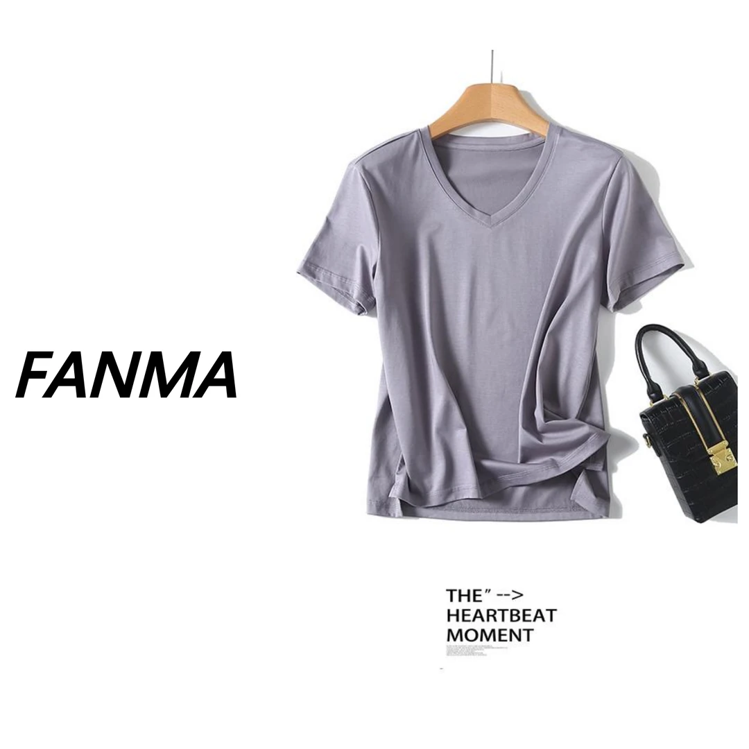 #V领T恤# 含桑蚕丝天丝V领春夏短袖 女士百搭时尚T F200-BN338