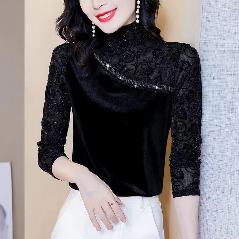 Z01新款黑色金丝绒上衣女秋冬洋气网纱半高领打底衫长袖内搭小衫