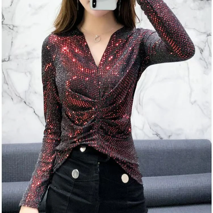 欧洲站2024春秋新款打底小衫亮丝上衣女闪光丝亮片洋气百搭