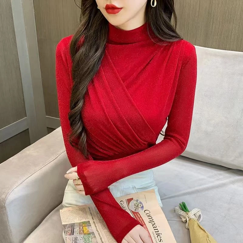 秋冬季时尚百搭显瘦网纱长袖气质内搭打底衫女士2023新款外穿上衣