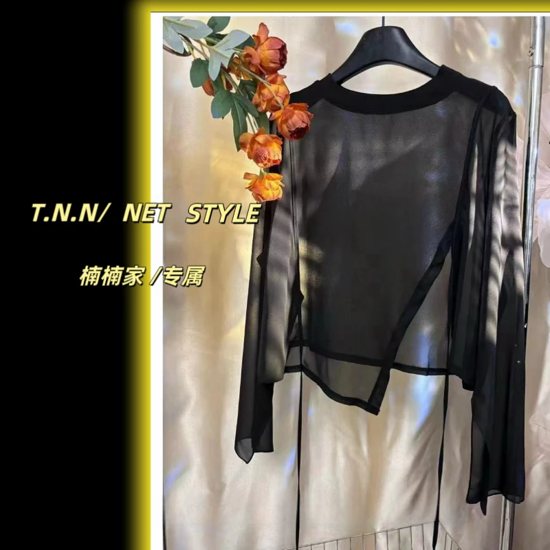 【欧尼黑纱】新款遮肚子搭配吊带裙叠穿珍珠雪纺纱罩衫小外搭打底衫