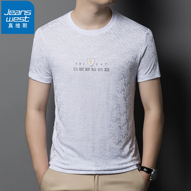 Jeanswest/真维斯高级感欧货短袖男士轻奢气质纯色休闲圆领T恤