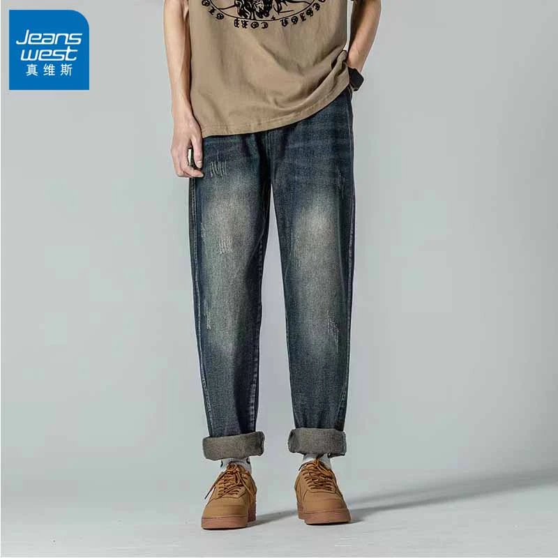 Jeanswest/真维斯复古牛仔裤男士春秋潮牌百搭直筒撞色拼接长裤