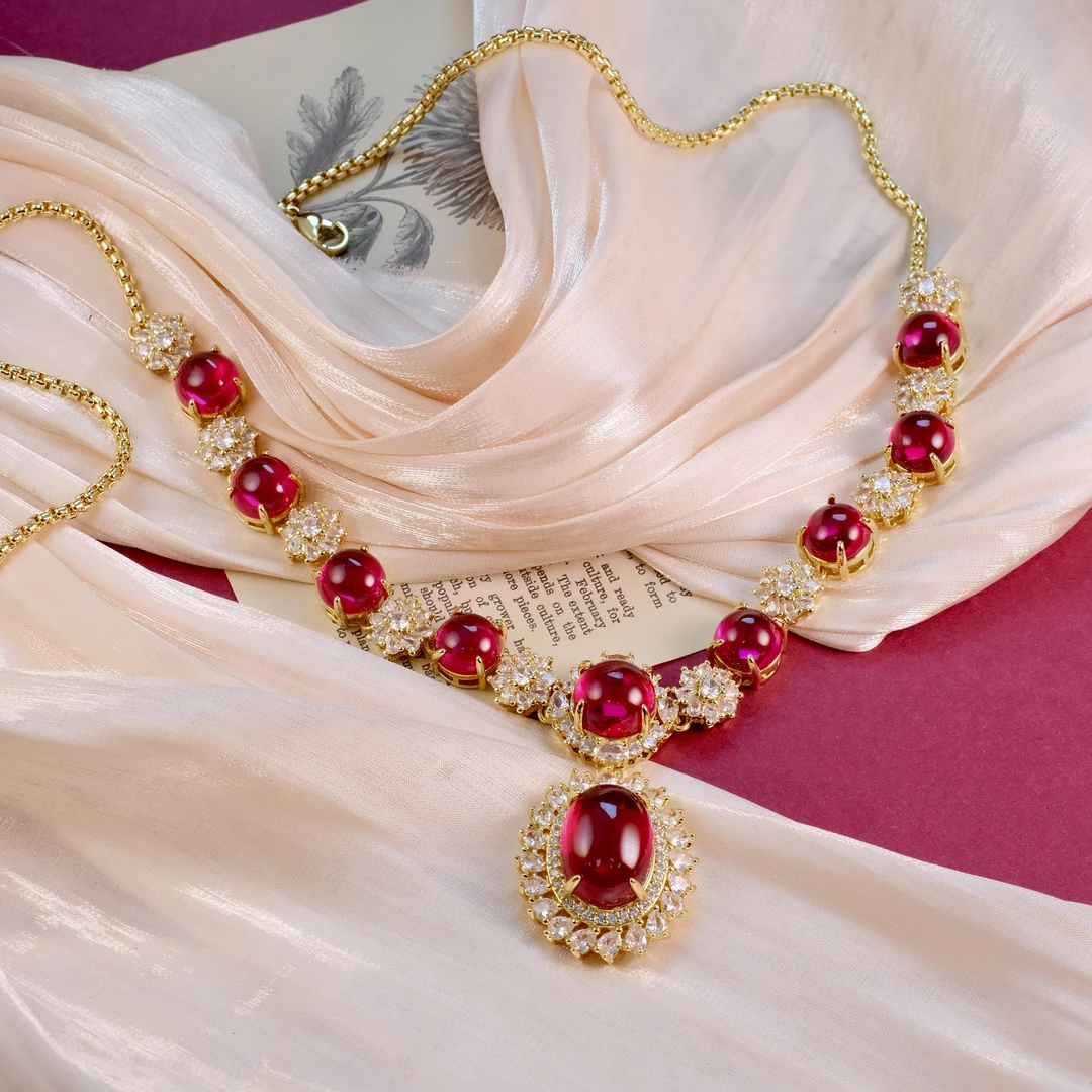 红宝石鸽子蛋晚宴项链-C1144-培育红宝石项链合金