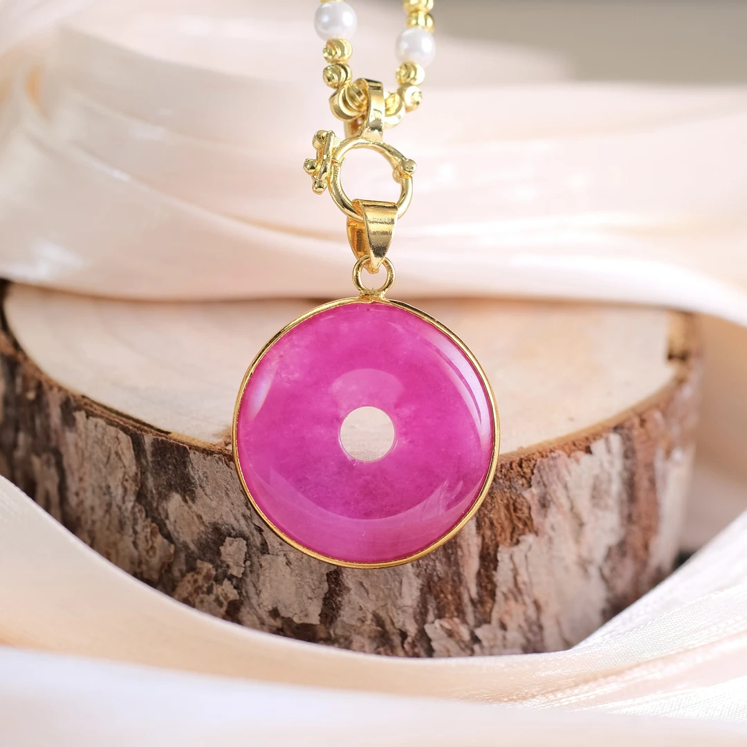 高定珠宝苏俱玛瑙樱花粉平安扣项链-x454合金